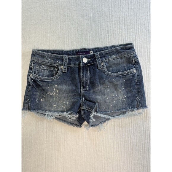 Vigoss Women’s Jean Shorts Size 9 Blue Distressed Paint Splatter Raw Hem - Picture 1 of 12